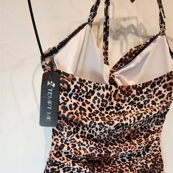 New Cheetah Print One Piece Swimsuit Animal Print Halter Tie 682 Size M - Picture 6 of 9